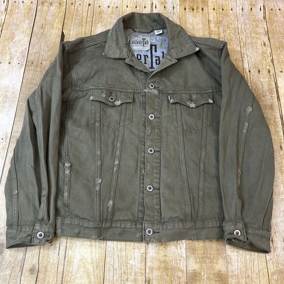 Levis Silvertab Denim Trucker Jacket Olive Drab Green Distressed Large - Picture 6 of 16